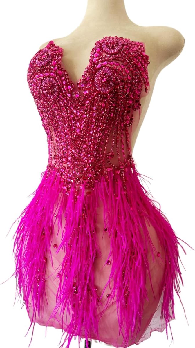 Zbroh Beautiful Ostrich fur decoration large full bodice applique pure handsewing rhinestones beads lace trim patches - Image 2
